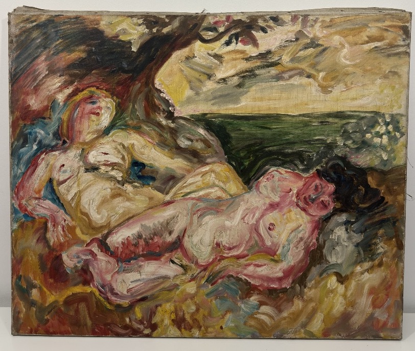 ÉCOLE DE PARIS  XXe  Huile sur toile : Deux femmes dans un paysage expressioniste fauviste