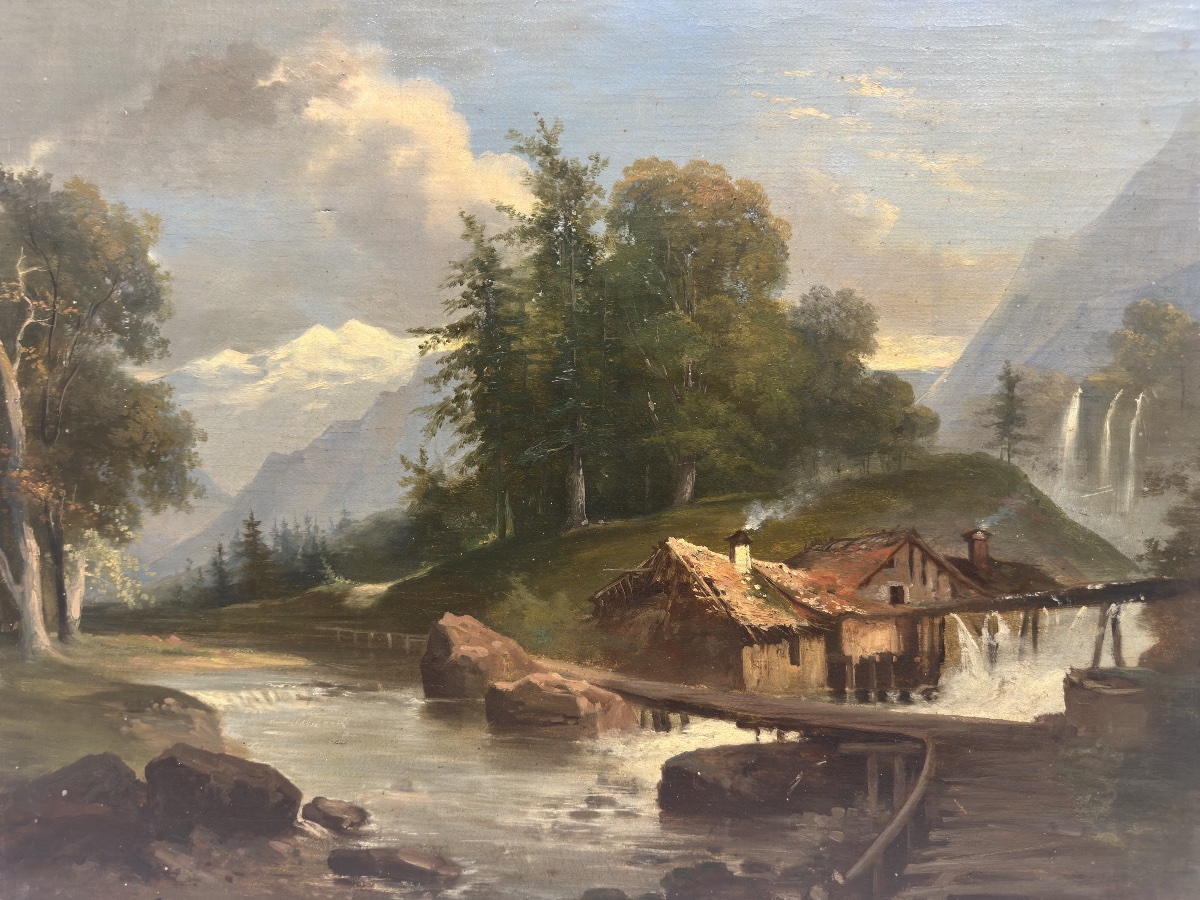 E. TROMPETTE (XIXe siècle) Moulin de montagne au bord d'un torrent Huile sur toile-photo-2