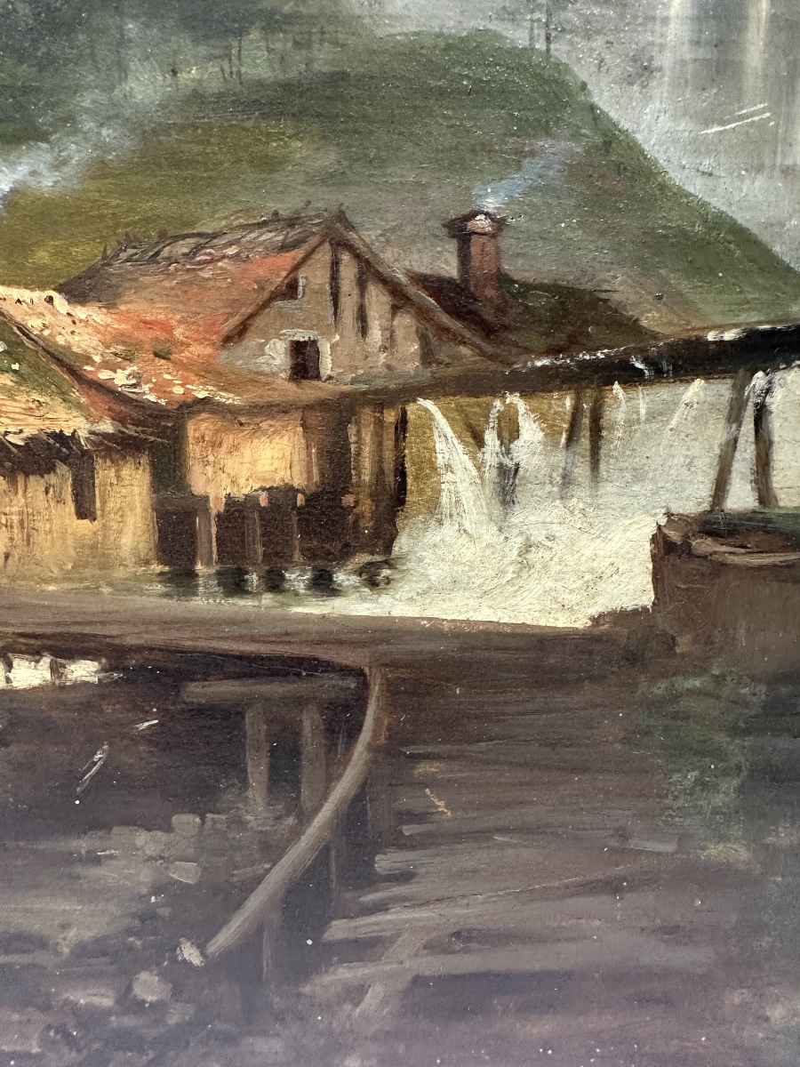 E. TROMPETTE (XIXe siècle) Moulin de montagne au bord d'un torrent Huile sur toile-photo-3