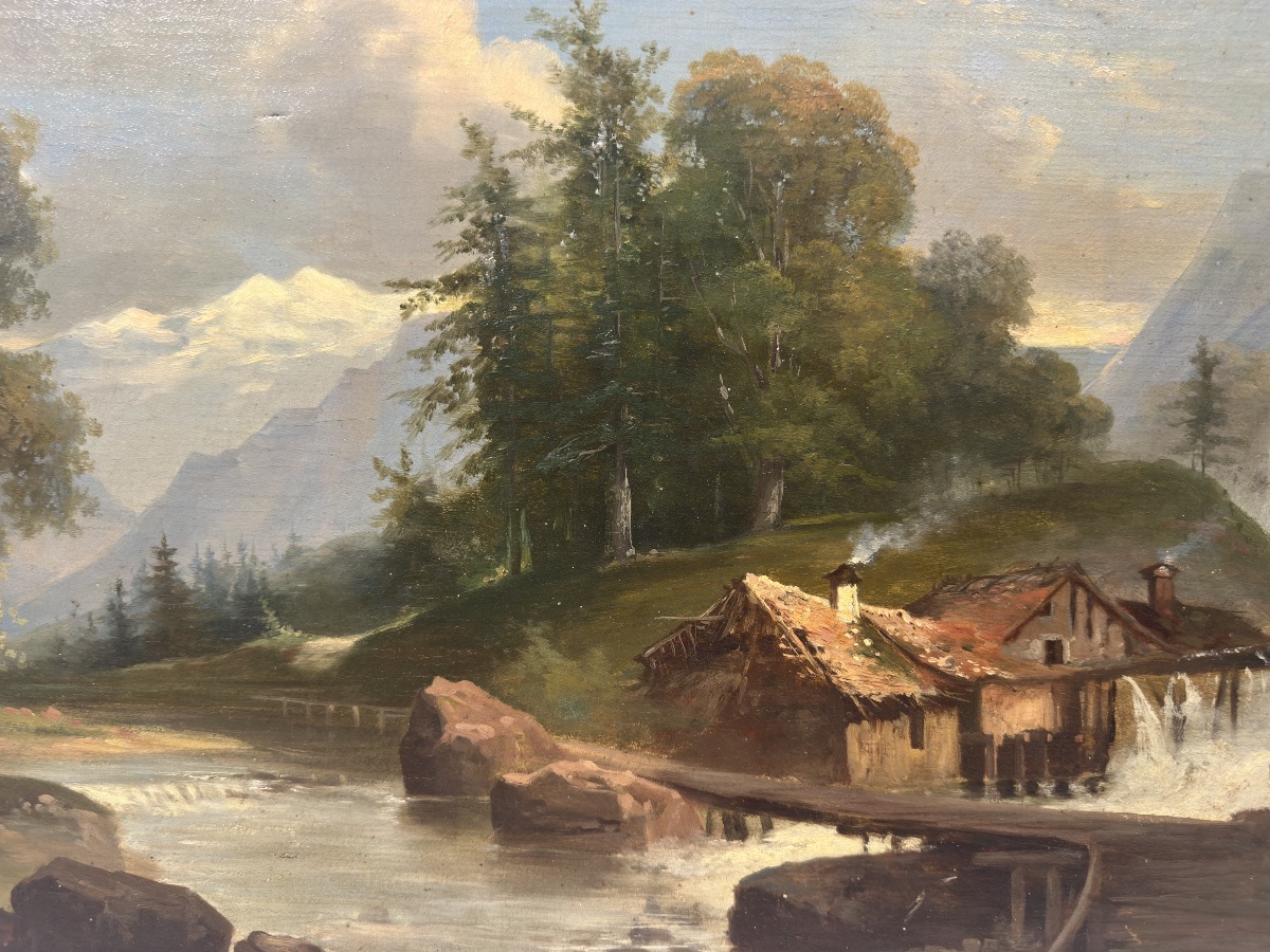 E. TROMPETTE (XIXe siècle) Moulin de montagne au bord d'un torrent Huile sur toile-photo-5