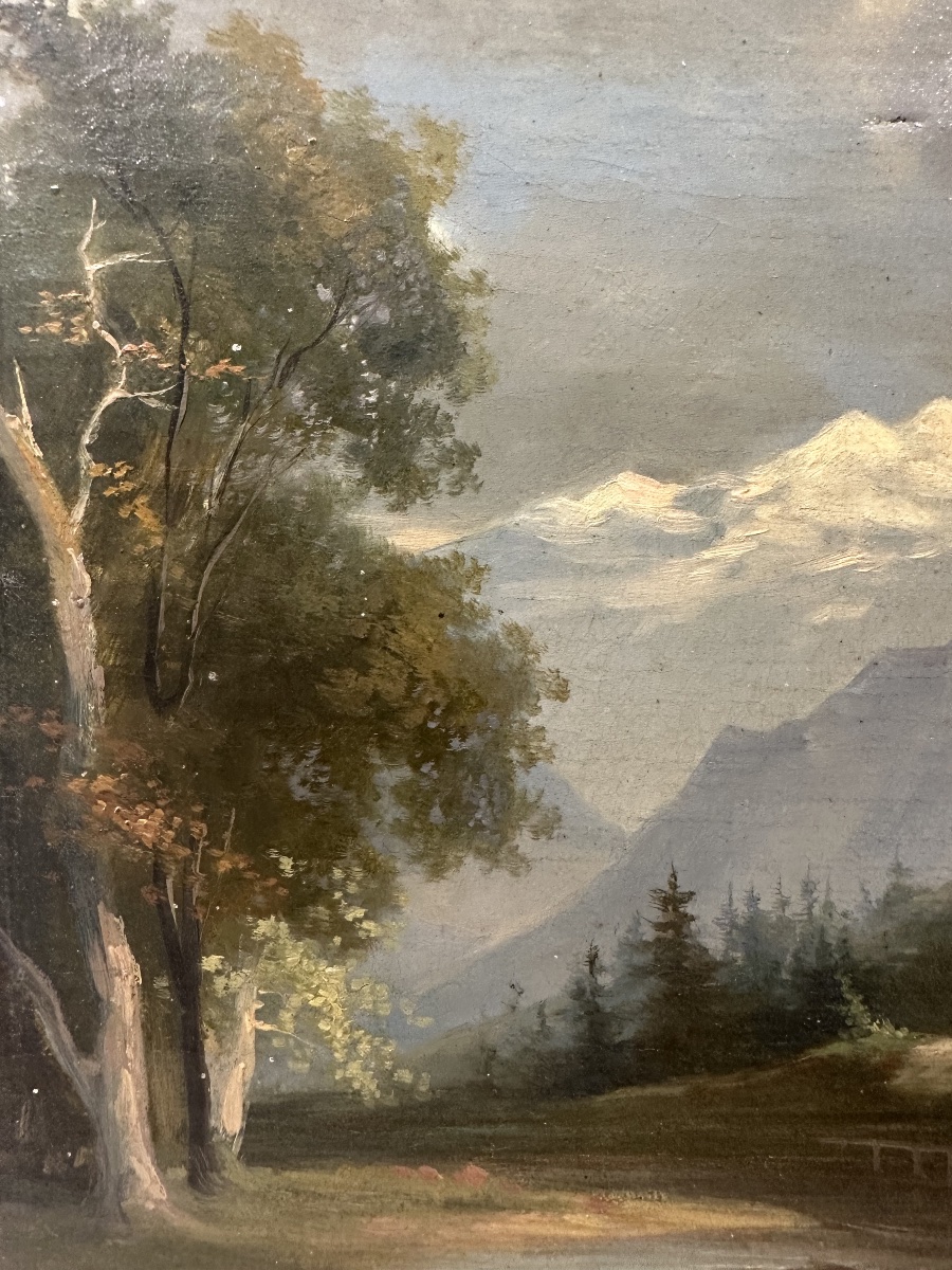 E. TROMPETTE (XIXe siècle) Moulin de montagne au bord d'un torrent Huile sur toile-photo-6