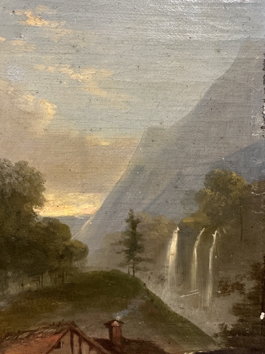 E. TROMPETTE (XIXe siècle) Moulin de montagne au bord d'un torrent Huile sur toile-photo-7