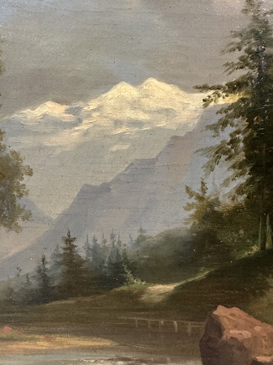 E. TROMPETTE (XIXe siècle) Moulin de montagne au bord d'un torrent Huile sur toile-photo-1