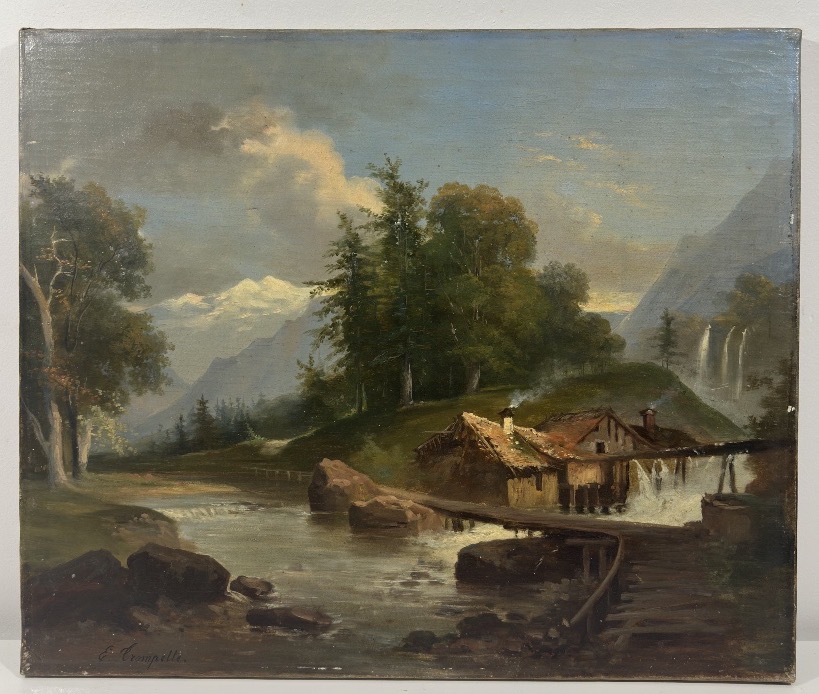 E. TROMPETTE (XIXe siècle) Moulin de montagne au bord d'un torrent Huile sur toile