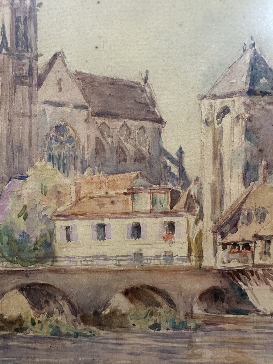 Alphonse Birck (1859-1942) Moret-sur-loing Cathedral - Watercolor-photo-1
