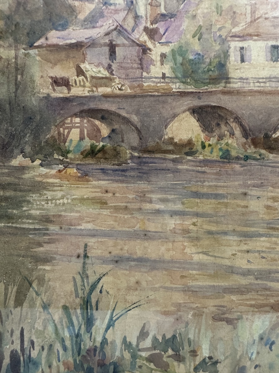 Alphonse Birck (1859-1942) Moret-sur-loing Cathedral - Watercolor-photo-5