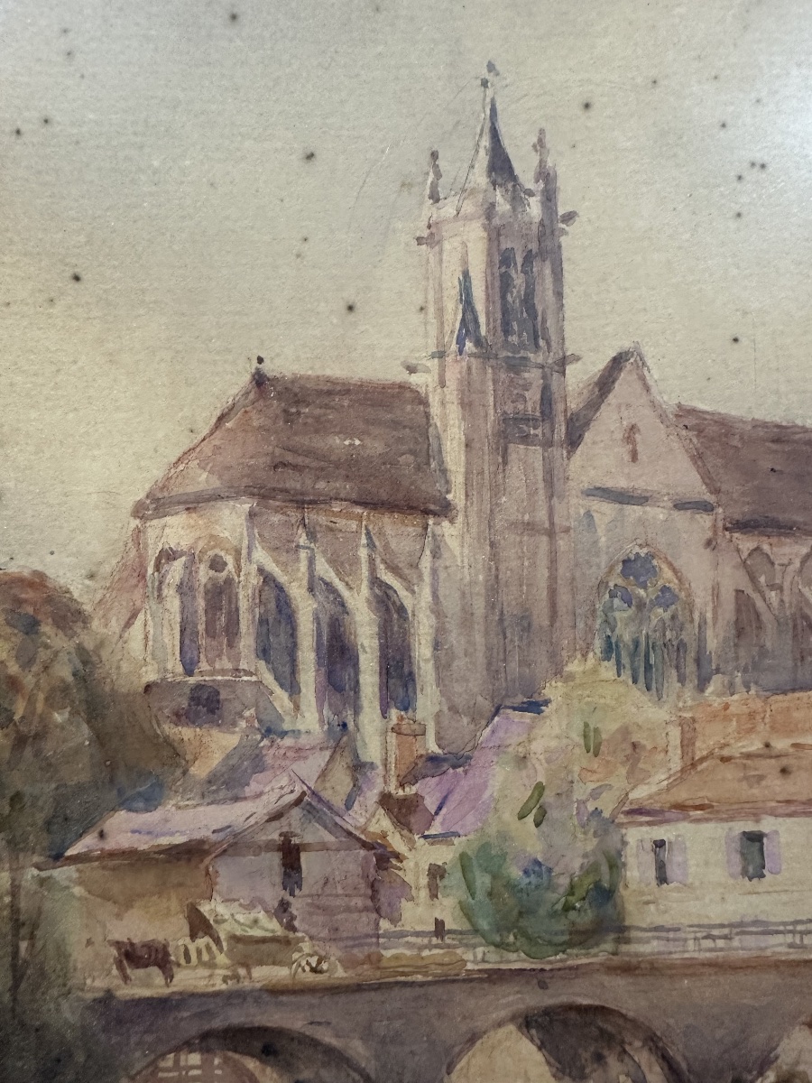 Alphonse Birck (1859-1942) Moret-sur-loing Cathedral - Watercolor-photo-6