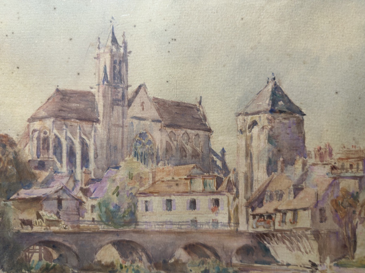 Alphonse Birck (1859-1942) Moret-sur-loing Cathedral - Watercolor-photo-7