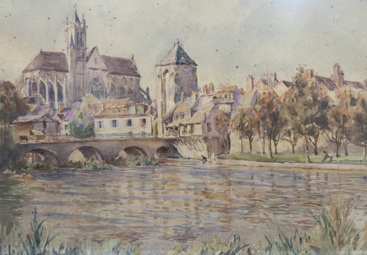 Alphonse Birck (1859-1942) Moret-sur-loing Cathedral - Watercolor