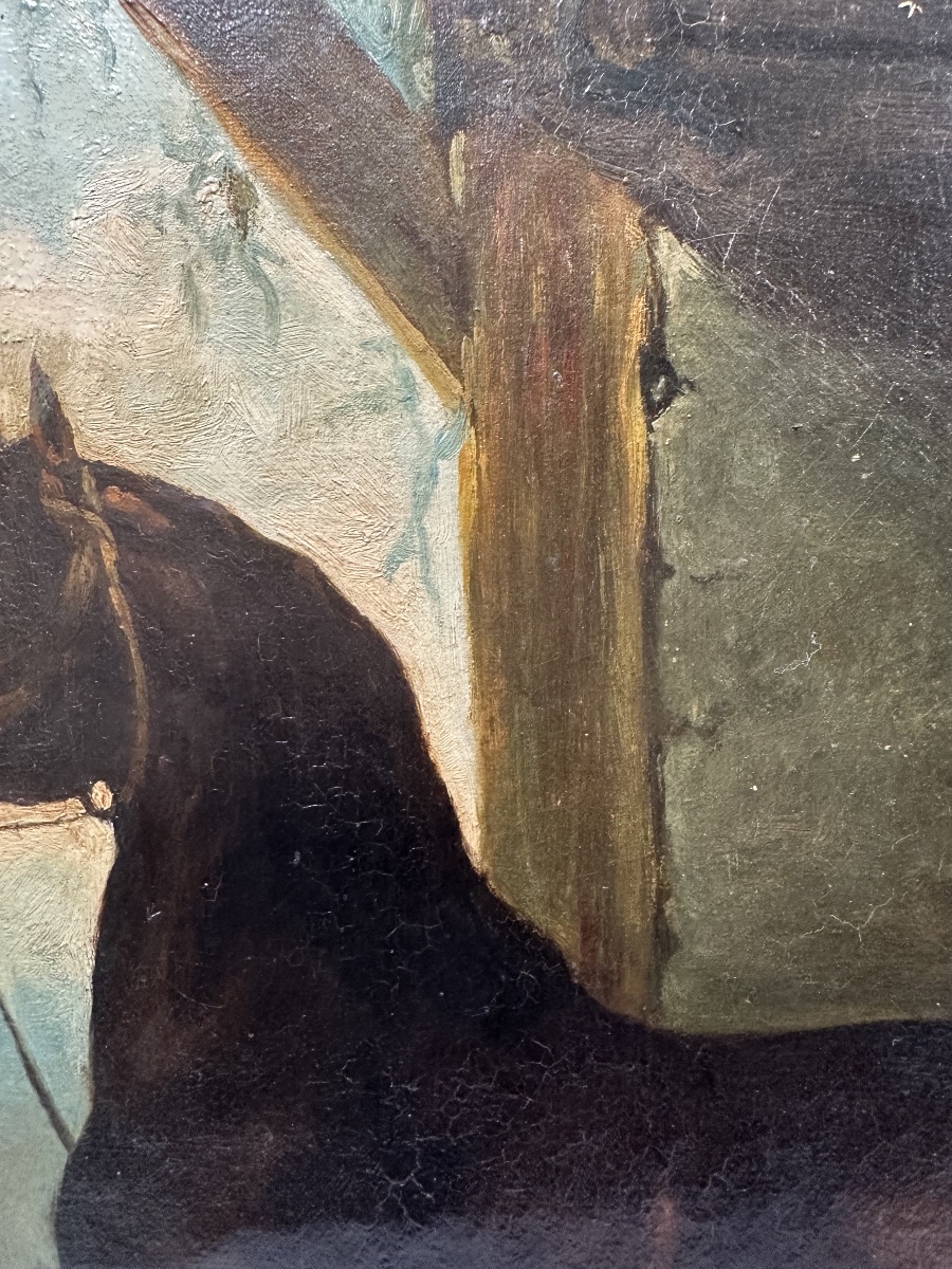 19th-c. School - Bay Horse Tethered Under A Stormy Sky - Oil-photo-1