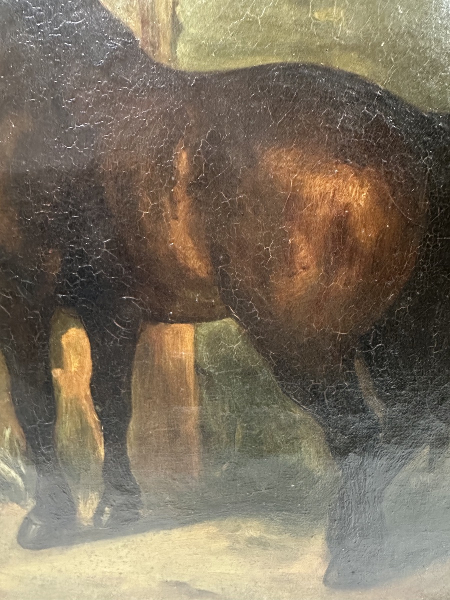 19th-c. School - Bay Horse Tethered Under A Stormy Sky - Oil-photo-2
