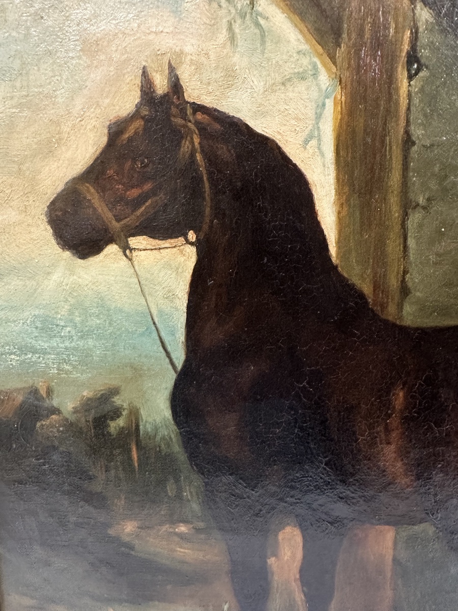 19th-c. School - Bay Horse Tethered Under A Stormy Sky - Oil-photo-4