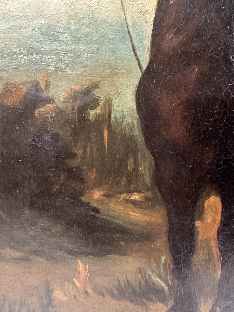 19th-c. School - Bay Horse Tethered Under A Stormy Sky - Oil-photo-5