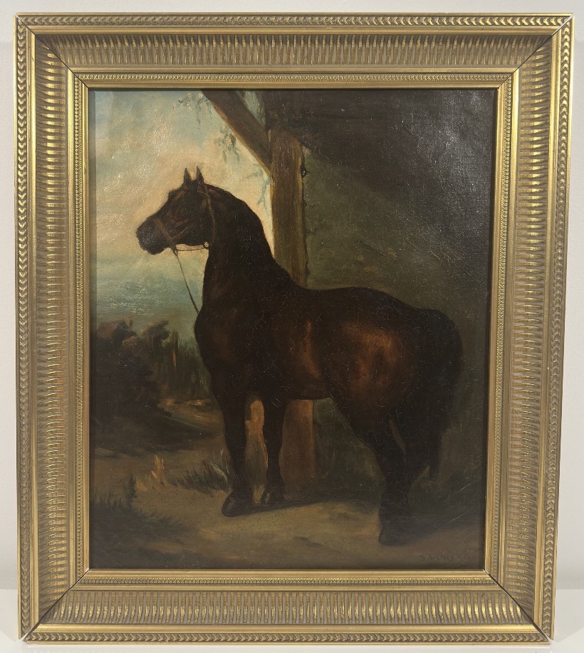 19th-c. School - Bay Horse Tethered Under A Stormy Sky - Oil