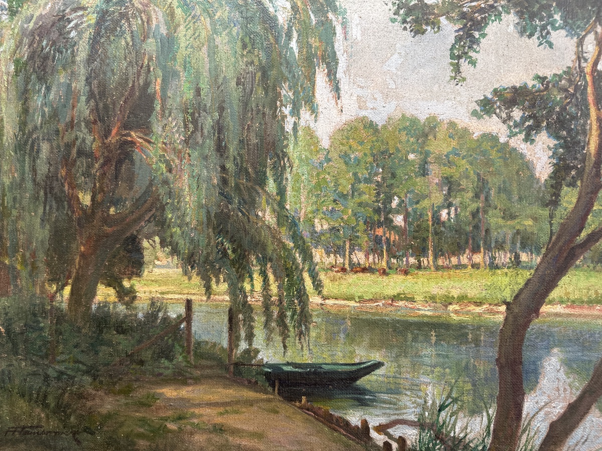  Fauconnier (19 / 20th Century) River Landscape With A Boat Oil On Canvas.french Landscape-photo-6