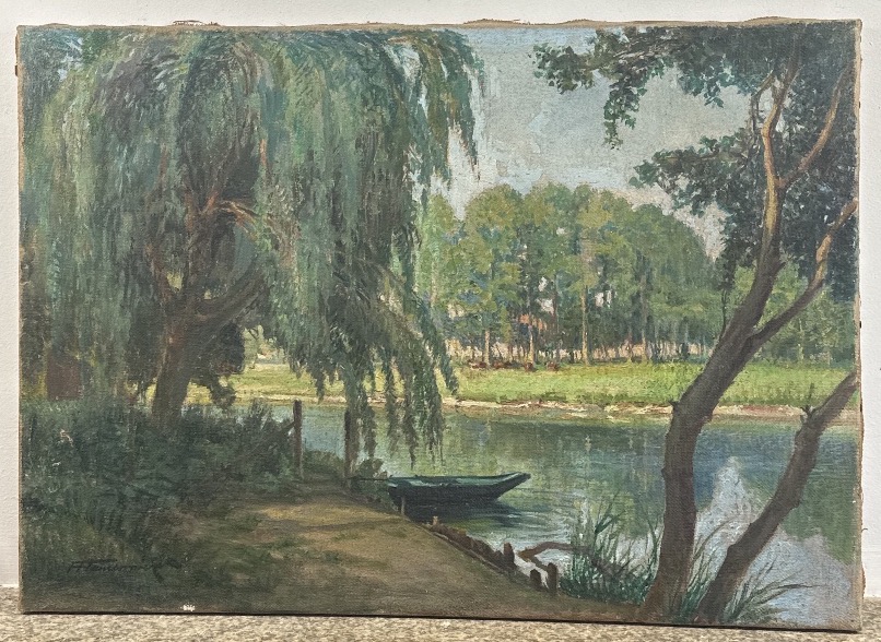  Fauconnier (19 / 20th Century) River Landscape With A Boat Oil On Canvas.french Landscape