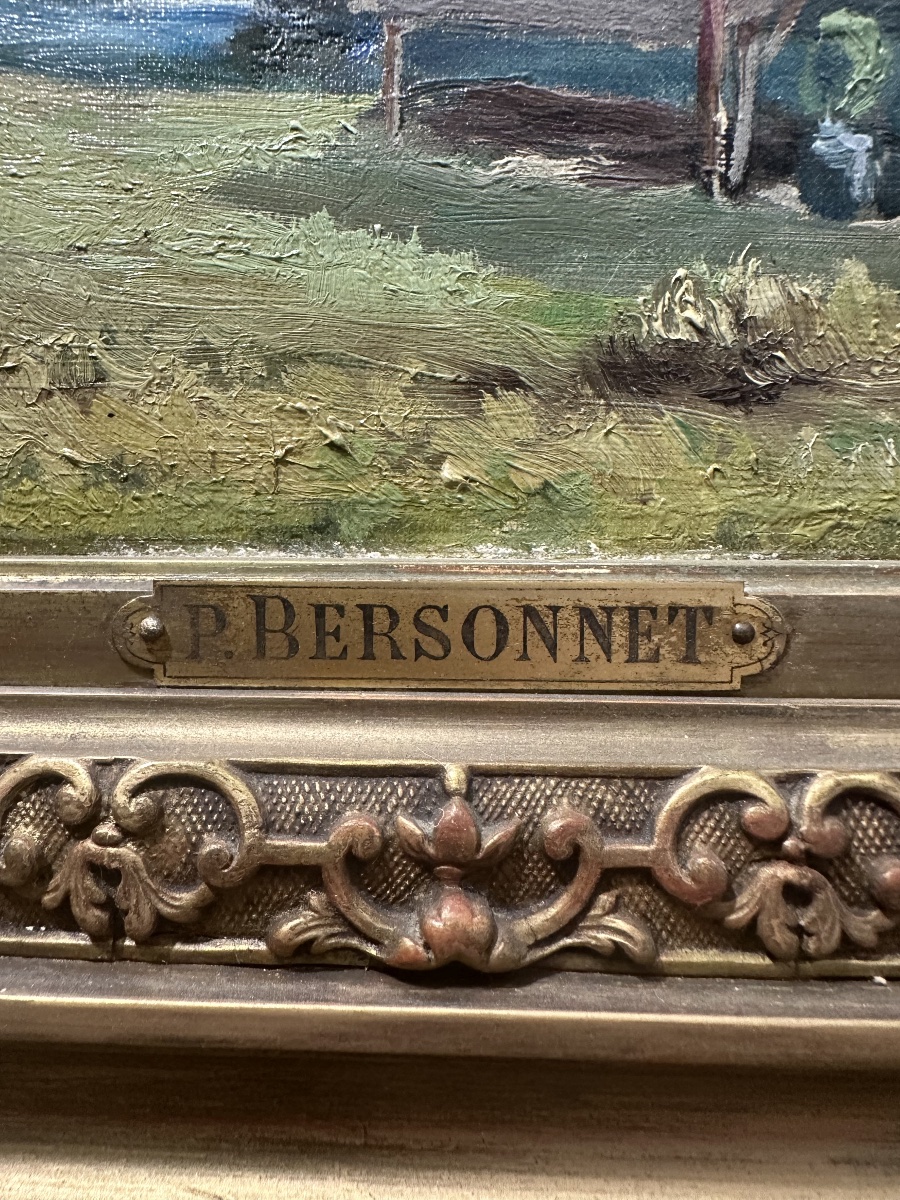 P. BERSONNET (actif début XXe siècle) Paysage animé, maison au drapeau français poste-frontière-photo-3