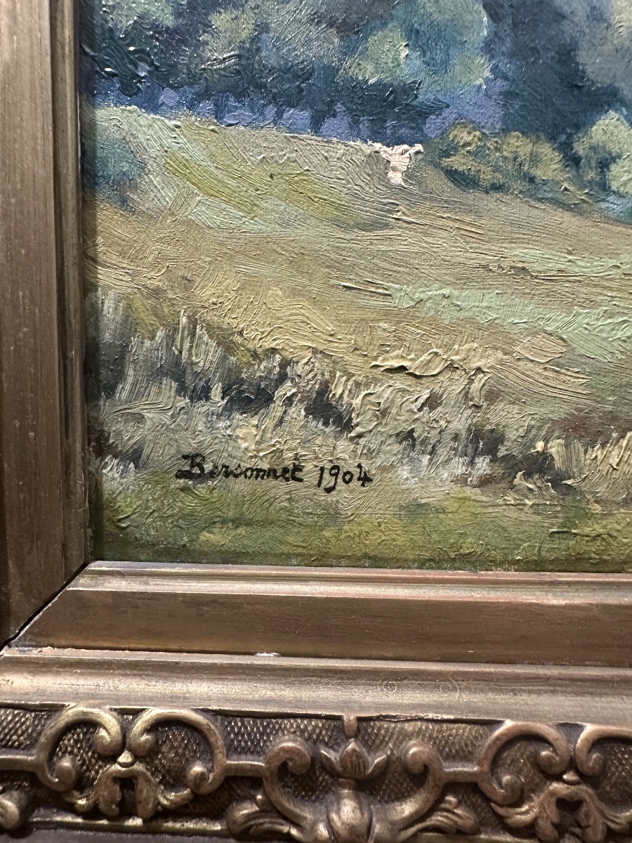 P. BERSONNET (actif début XXe siècle) Paysage animé, maison au drapeau français poste-frontière-photo-4