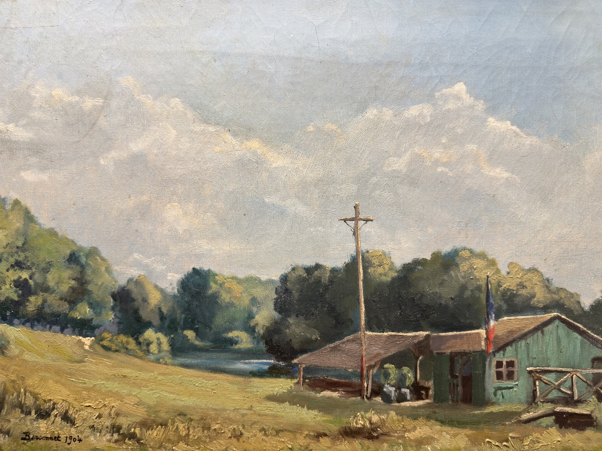 P. BERSONNET (actif début XXe siècle) Paysage animé, maison au drapeau français poste-frontière-photo-1