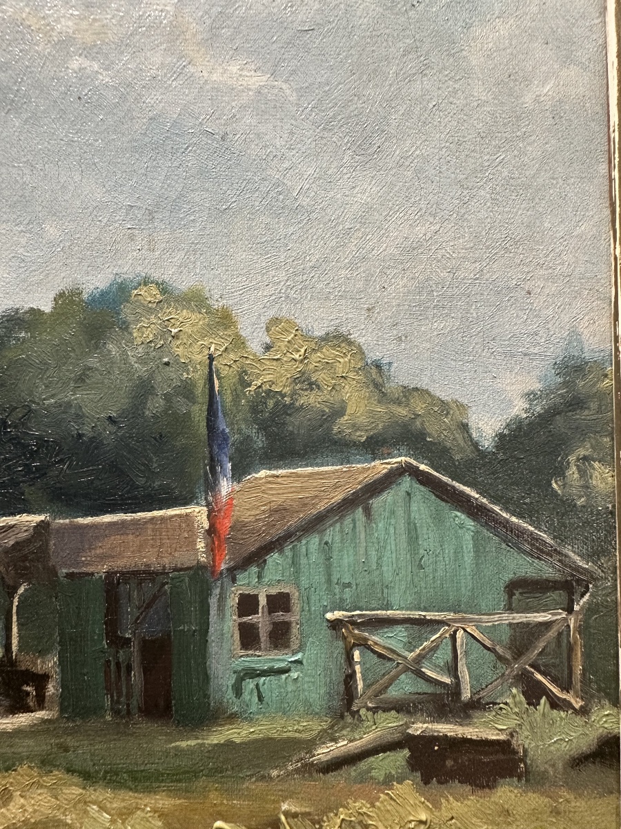 P. BERSONNET (actif début XXe siècle) Paysage animé, maison au drapeau français poste-frontière-photo-2