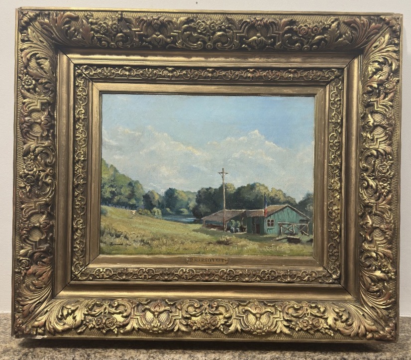 P. BERSONNET (actif début XXe siècle) Paysage animé, maison au drapeau français poste-frontière