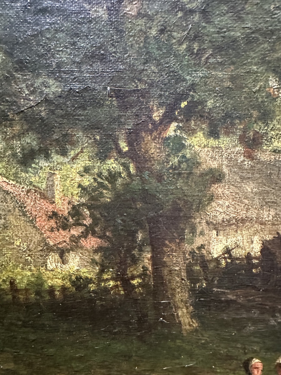Louise Becq De Fouquières (1825-1892) — Talking By The Cottage — Oil On Canvas-photo-1