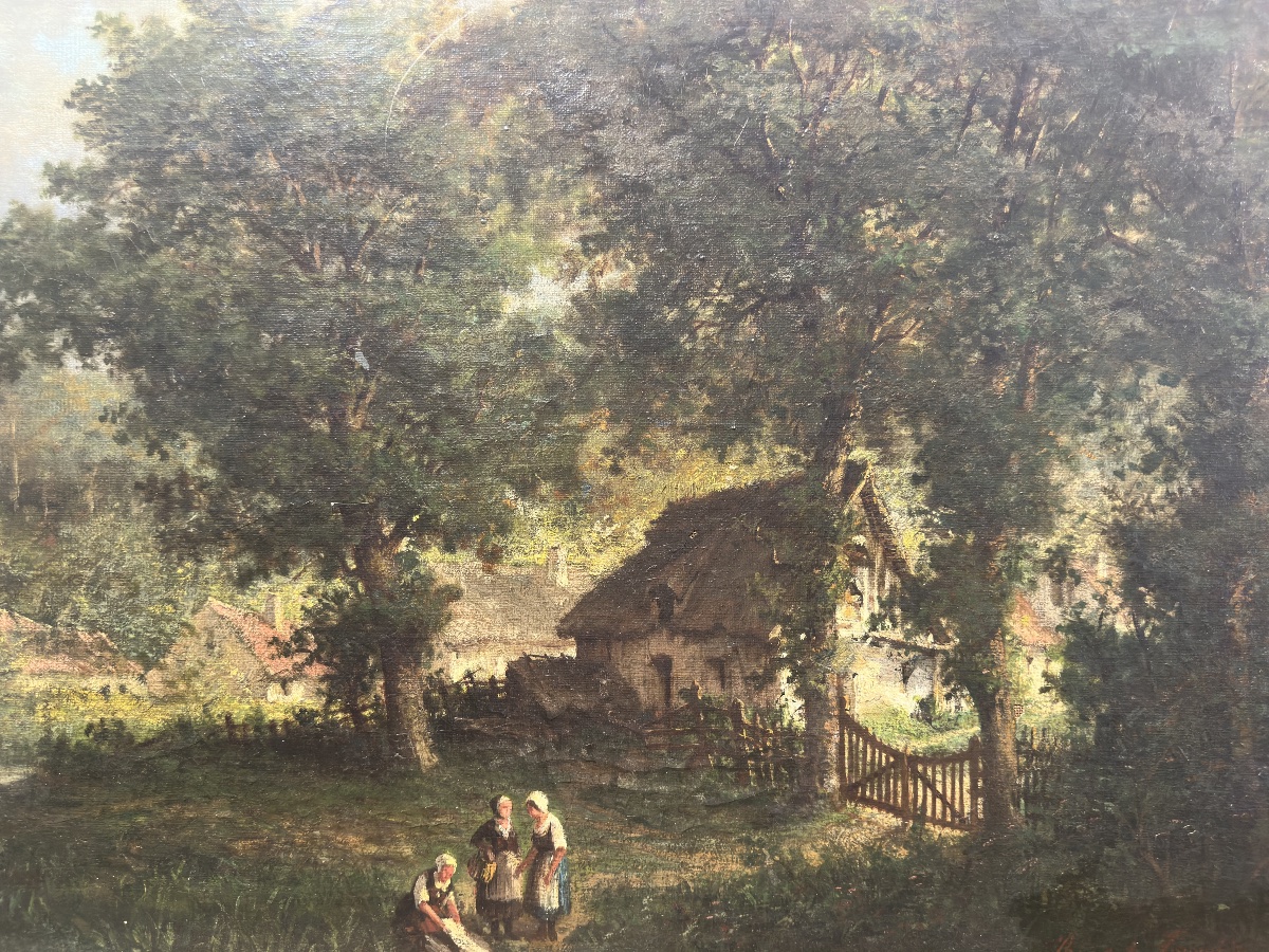 Louise Becq De Fouquières (1825-1892) — Talking By The Cottage — Oil On Canvas-photo-7