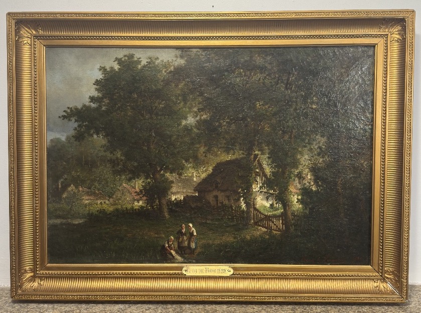 Louise Becq De Fouquières (1825-1892) — Talking By The Cottage — Oil On Canvas