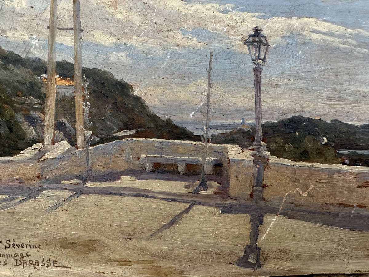 Georges Paul Joseph DARASSE (1855-?) Terrasse au réverbère, dédicacée à Madame Séverine-photo-1