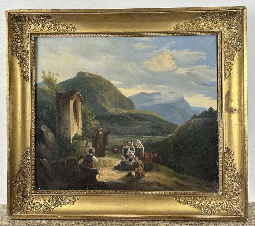 École du XIXe siècle Prédication devant une chapelle dans un paysage de montagne Italie ?