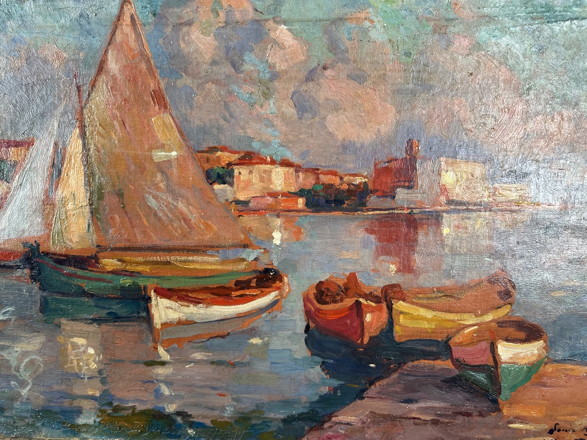 Louis Azéma (1876–1963) Voiliers et barques dans un port méditerranéen, 1933-photo-2