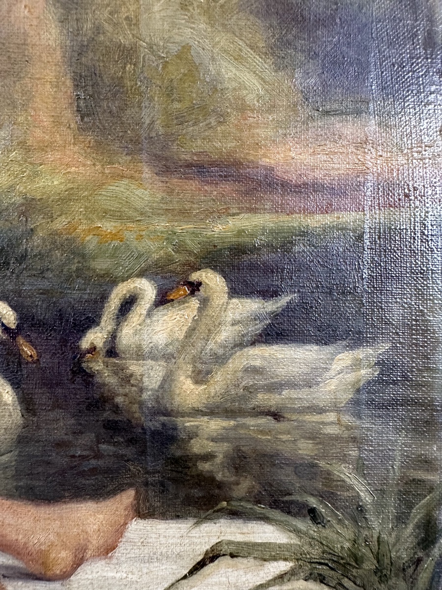 Jules-albert Mignon (1875–1943) Two Bathers With Swans Oil On Canvas-photo-3