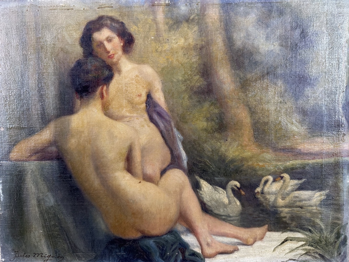 Jules-albert Mignon (1875–1943) Two Bathers With Swans Oil On Canvas-photo-4