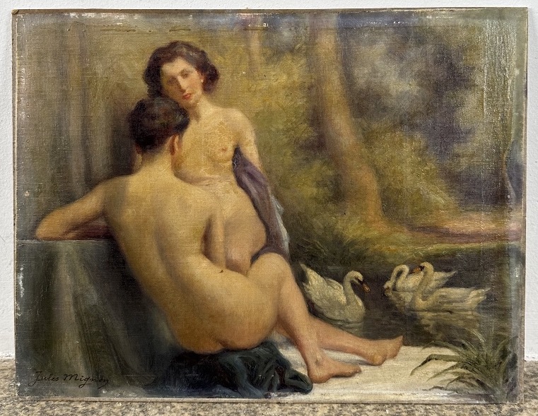Jules-albert Mignon (1875–1943) Two Bathers With Swans Oil On Canvas