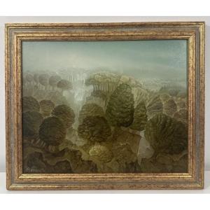 Bernard Ambielle (1951) Dit Roman Oil On Canvas, Surreal Landscape, Undergrowth, Strasbourg