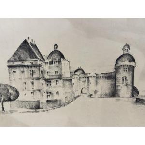 Macario VITALIS (1898-1989) — Fusain fixé , Château de Hautefort, Dordogne 1942 philippines