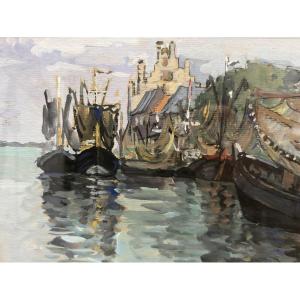 Gouache XXe – Vue de port animée, bateaux à quai – Germaine Balthazard-Bernard (1883-1977)