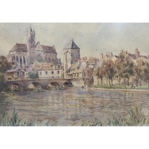 Alphonse Birck (1859-1942) Moret-sur-loing Cathedral - Watercolor