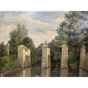 Marie-Alexandrine Mathieu (1838-1908)  Vue présumée de la nièvre Borgogne  Huile 1883