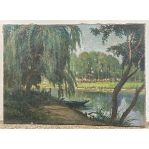 Fauconnier (19 / 20th Century) River Landscape With A Boat Oil On Canvas.french Landscape