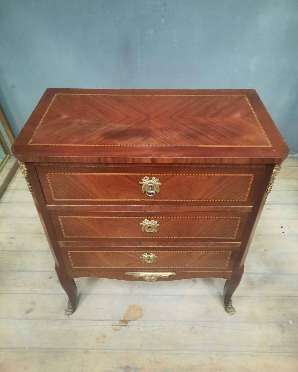 Small Transitional Style Marquetry Chest Of Drawers -photo-3