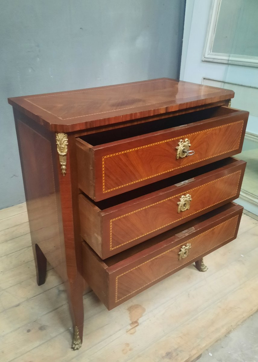 Small Transitional Style Marquetry Chest Of Drawers -photo-3