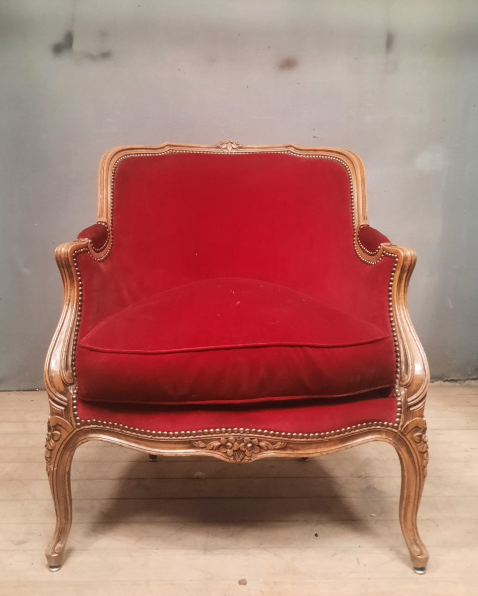 Large bergere de style Louis XV en velour rouge-photo-3