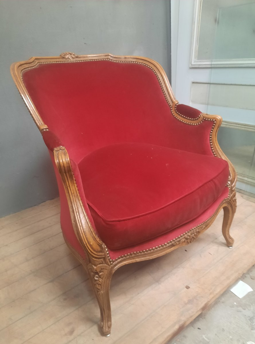 Large bergere de style Louis XV en velour rouge-photo-4