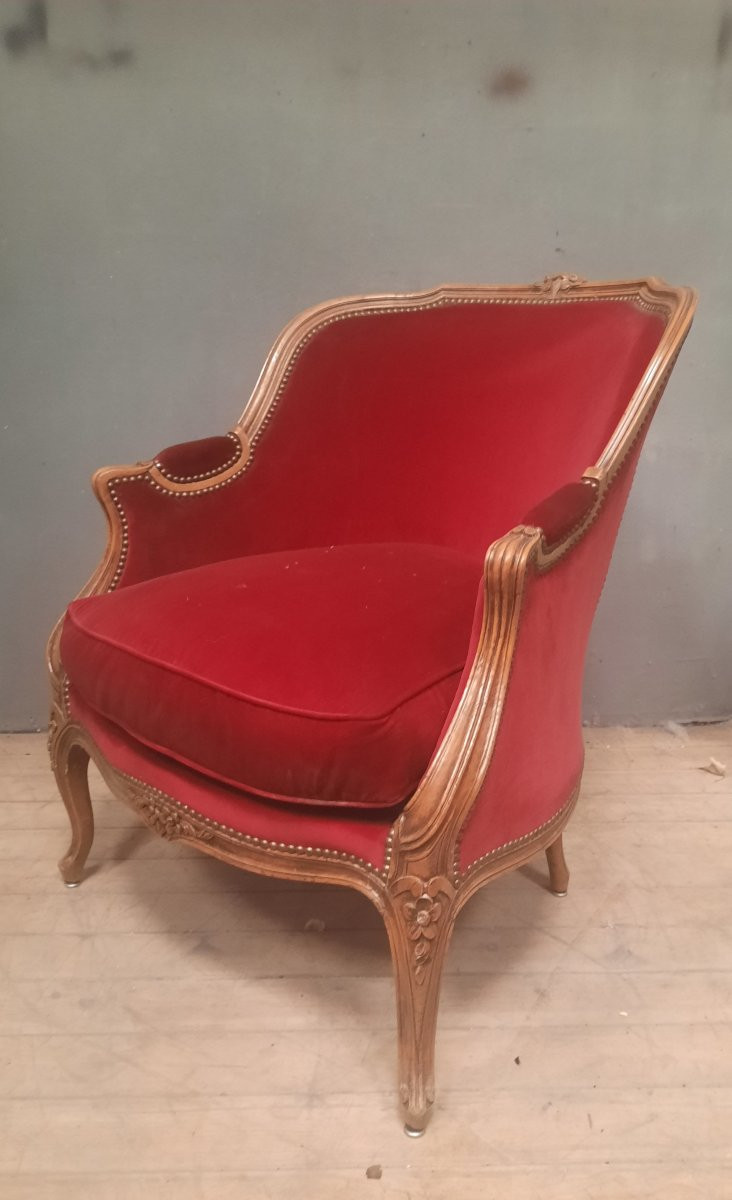 Large bergere de style Louis XV en velour rouge-photo-1