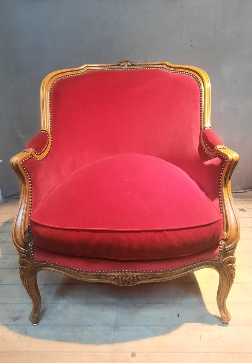 Large bergere de style Louis XV en velour rouge-photo-6
