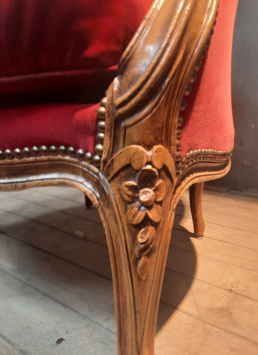 Large bergere de style Louis XV en velour rouge-photo-7