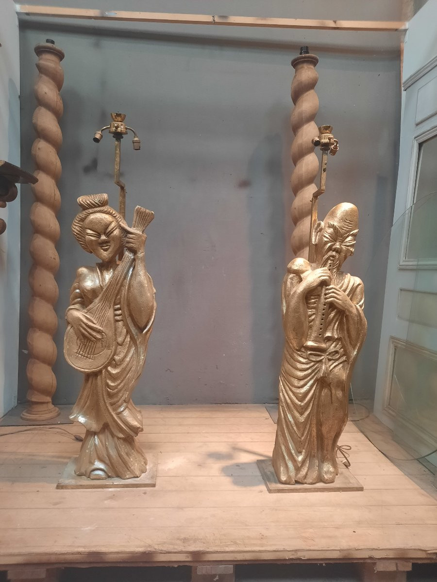 Pair Of Chinese Musicians Mounted As Lampposts -photo-2