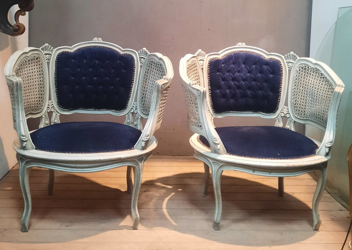 Paire de bergere en bois laqué et canage style Louis XV -photo-4