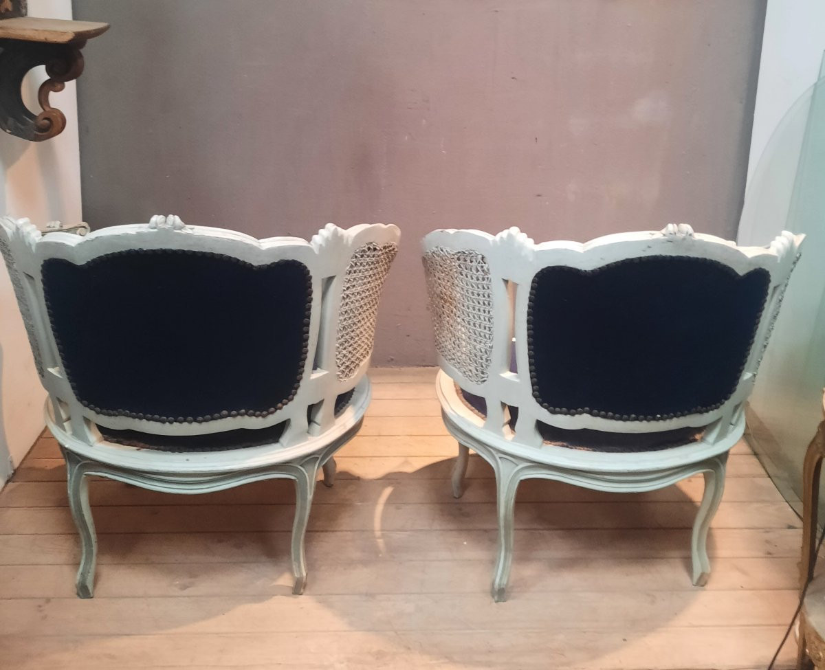 Paire de bergere en bois laqué et canage style Louis XV -photo-3